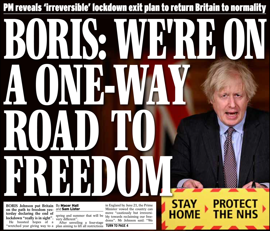 Daily Express front page 23-2-2021 One-Way Road to Freedom - enlarge